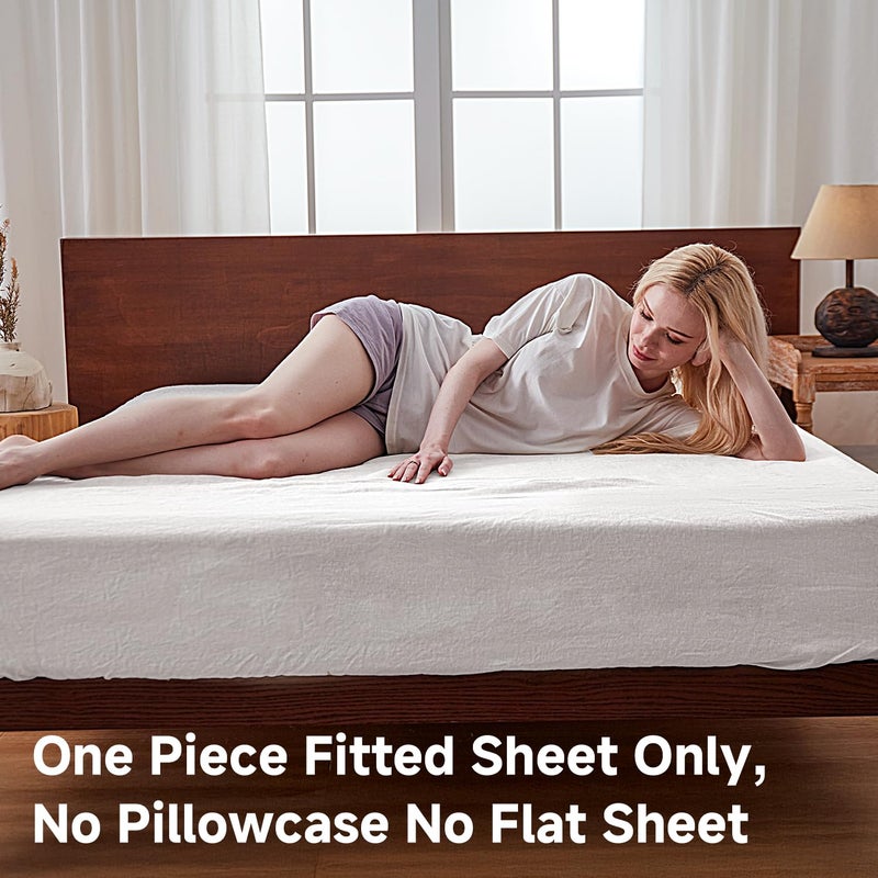 Simple&Opulence 100% Linen Fitted Sheet Full(1 Piece), 14 Inch Deep Pocket Mattress Cover Natural French Flax Stone Washed Farmhouse Soft Breathable Bottom Sheets-White - Image 3